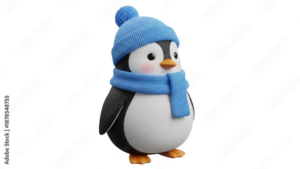 Fototapeta premium Adorable penguin with blue hat and scarf isolated PNG, cute winter animal on transparent background for holiday designs and decorations