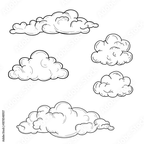 Fluffy clouds of different shapes, black and white sketch. Vector illustration. The concept of natural phenomena, clouds, weather, isolated on a white background. For postcards, prints and textiles