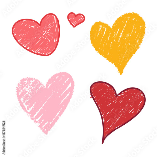 Set of colorful hand-drawn heart shapes in crayon texture on white background.