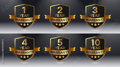 Warranty Shield Logo Set with Gold Ribbon, 1 2 3 4 5 and 10 Year Warranty Badges, Premium Protection Guarantee Emblems, Luxury Vector Illustration