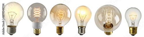 Fotografie realistic photograph of various vintage edison-style light bulbs with glowing filaments, isolated on a dark background