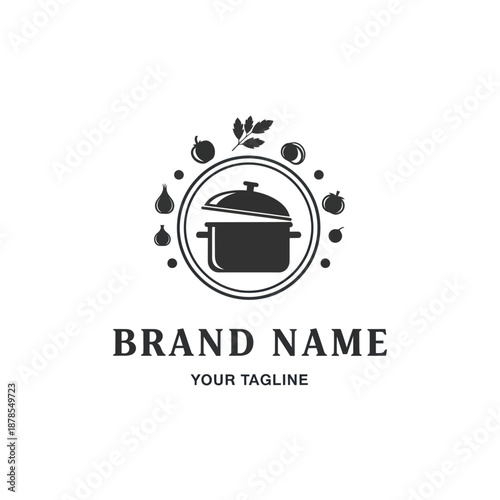 Logo with Cooking Pot and Ingredients.