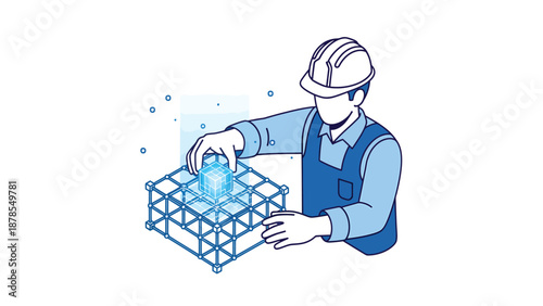 Construction Worker with Digital Blueprint - Engineering Illustration
