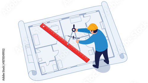 Architectural design process: Engineer in hard hat drawing house blueprint with drafting tools