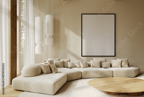 Billede på lærred Beige interior with high ceiling, sofa with pillows, blank frame, carpet, wall panels, coffee table and decor