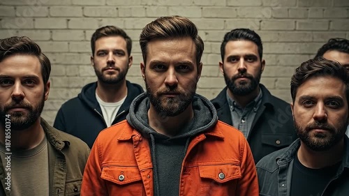 Group of men standing together in front of a brick wall.