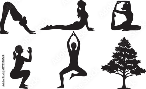 a set of yoga poses and a tree in distinctive black silhouette style on a clean white background
