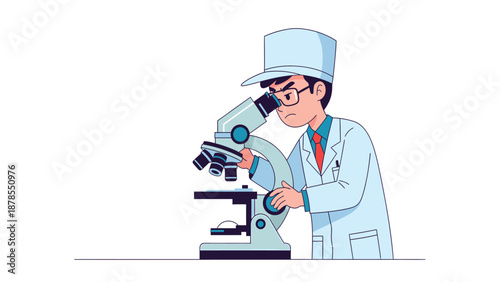 Focused male scientist in lab coat examining samples with a microscope, conducting scientific research and discovery