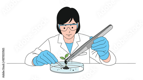 Scientist in lab coat performing plant experiment with petri dish, tweezers, and dropper. Biology research concept.