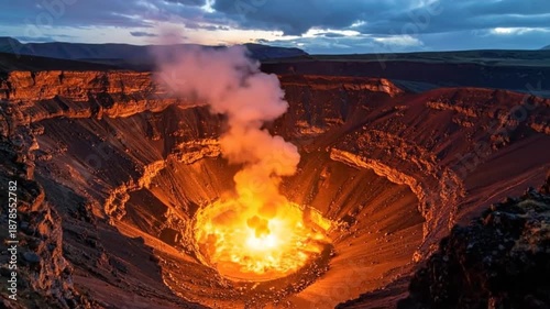 Stunning aerial view of an active volcano erupting with molten lava and smoke.