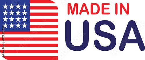 Graphic illustration featuring a stylized American flag alongside the bold text 'MADE IN USA' on a white background.