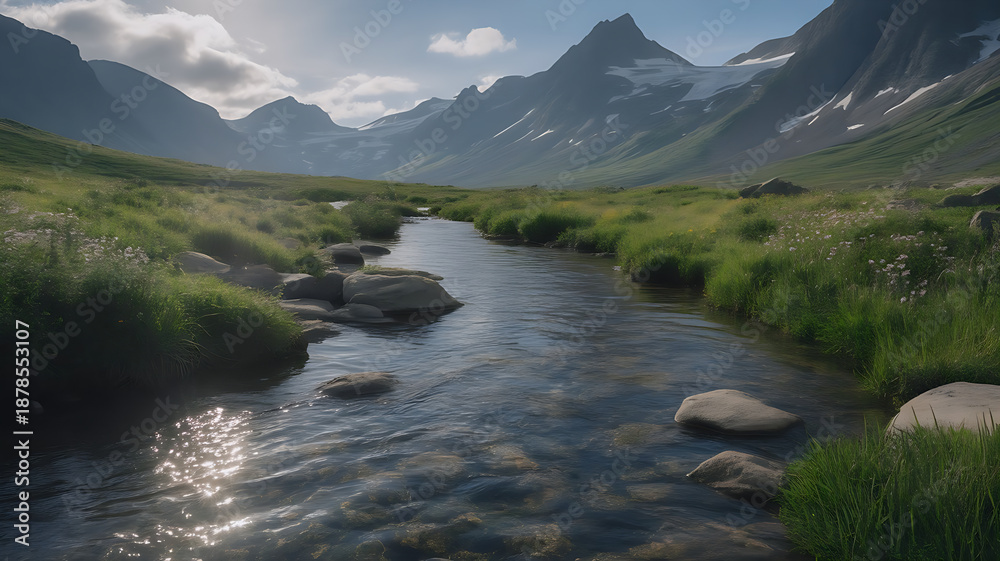 Fototapeta premium A crystal stream flows gently from distant mountains across a peaceful meadow, reflecting clear light, fresh nature, soft greenery, and a calm natural landscape
