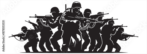 Military Soldier Squad Silhouettes; Special Forces Infantry Group in Combat Poses with Assault Rifles and Tactical Gear Isolated on White Background for War and Defense Design