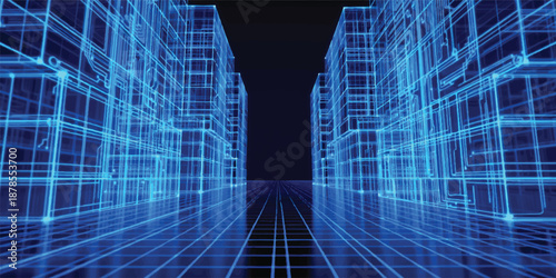 Futuristic abstract blue sky background design featuring a digital data network and binary code matrix for modern business technology and web communication concepts