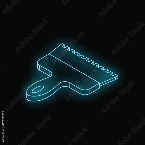 Blue glowing neon icon of a putty knife with a serrated edge on a black background