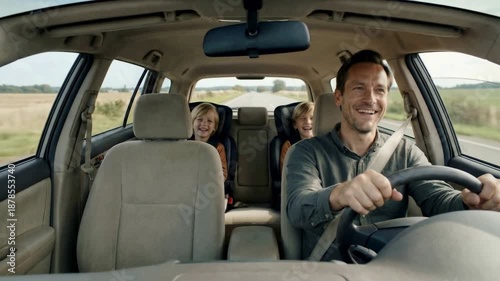Joyful father driving a car while his two adorable twin sons laugh in their child safety seats in the back, sharing a happy family moment on a fun road trip through the countryside