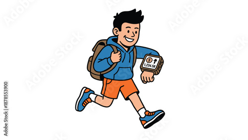 Cartoon Boy Running with Backpack and Smartwatch