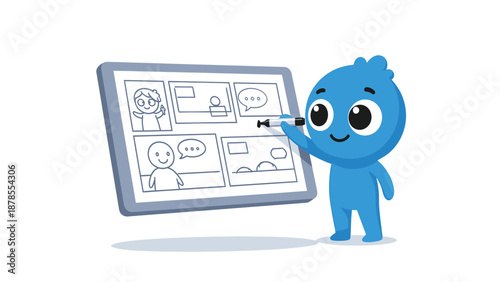Digital storytelling: Cute character creating comic panels on tablet with stylus