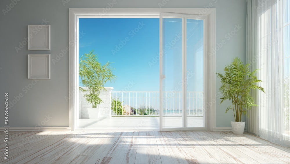 Fototapeta premium Bright, airy room with sliding glass doors opening to a balcony view