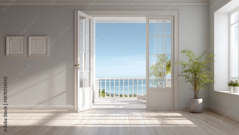 Fototapeta premium Bright sunlit room with open French doors to a balcony overlooking the ocean
