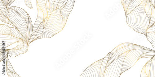 Vector gold floral pattern, elegant line art flowers and leaves, luxury background. Modern design border, frame, wedding cards, branding and decorative template
