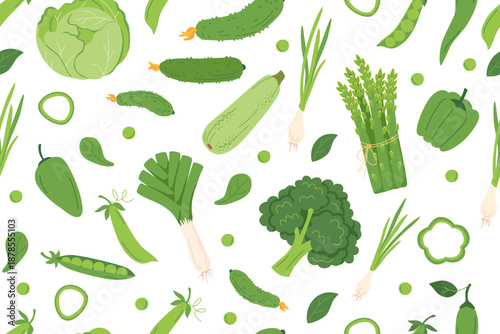Green vegetables seamless pattern. Nature background of green vegetables isolated on white. Gardening, farming and food concept. Vector flat banner.