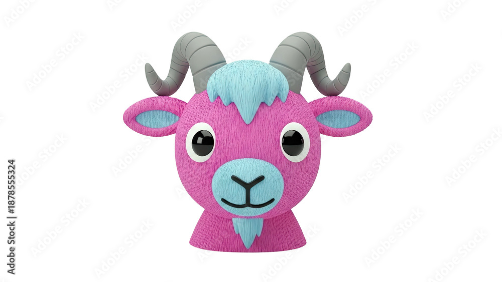 Fototapeta premium Pink Cartoon Goat with Blue Accents and Gray Horns