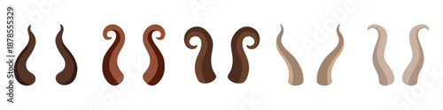 Set of curled horns. Flat vector cartoon illustration collection for fantasy, tribal or decorative designs
