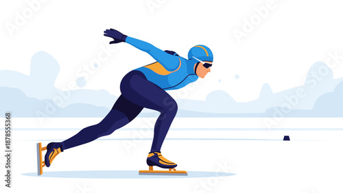 A short track speed skater in profile moving at high speed to promote competitive winter sports and sportsmanship