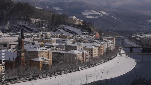 View to Left City, River Salzach with Kapuzinerberg, Salzburg, Austria, Winter