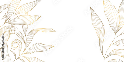 Vector gold floral pattern, elegant line art flowers and leaves, luxury background. Modern design border, frame, wedding cards, branding and decorative template