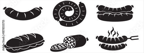 Set of Sausage Silhouettes and Meat Product Icons; Collection featuring Grilled Wurst, Salami Slices, Hot Dog, Bratwurst, and Spiral Sausage Isolated on White Background for Butchery and BBQ Design