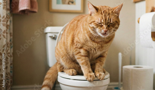 A cat is sitting on a miniature toilet.