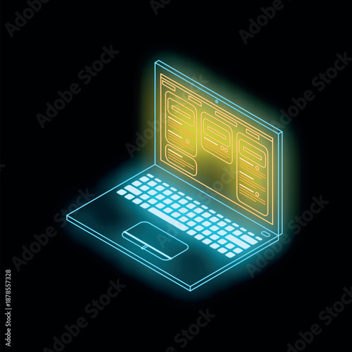 Isometric view of glowing laptop displaying website with neon light effect on dark background