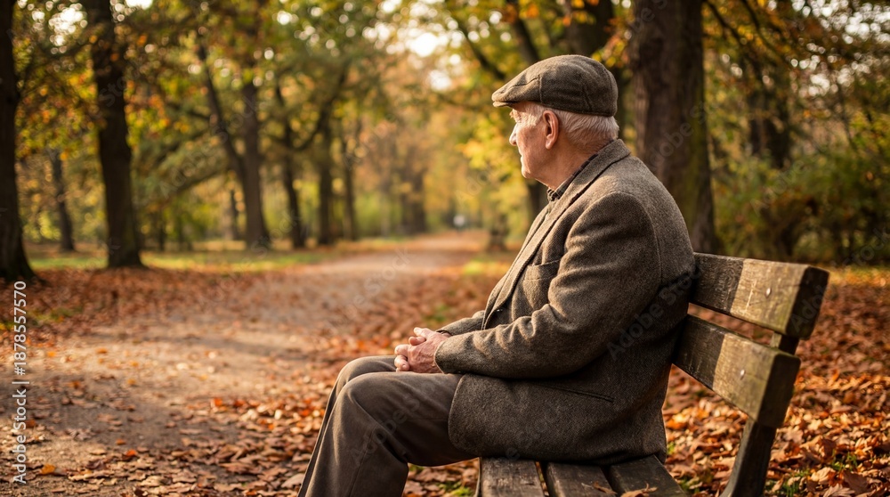Obraz premium Elderly Man Sitting Alone on a Wooden Bench in a Quiet Park During Autumn Afternoon