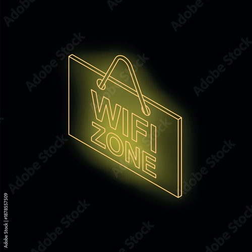 Glowing neon yellow wifi zone sign hanging, representing wireless network availability and internet access