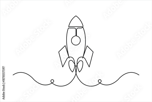 One continuous line art drawing of spacecraft. Rocket space ship launch vector illustration