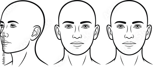 Human Head & Face Outline Diagram Front, Side, and Rear Views Vector Illustration