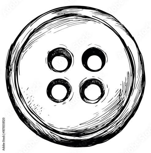 Hand drawn line art illustration of a button with four holes depicting a sewing accessory for craft projects and fashion design