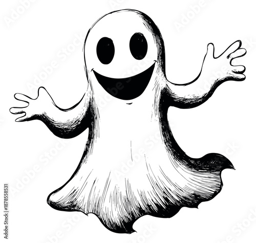 Hand drawn line art illustration of a ghost depicting a friendly smiling character for halloween celebrations