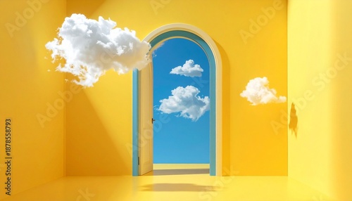 Surreal yellow room with arched white door opening to blue sky and floating clouds, dreamlike escape.