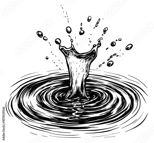 Hand drawn illustration of a water splash depicting a rising column and ripples for dynamic liquid effects