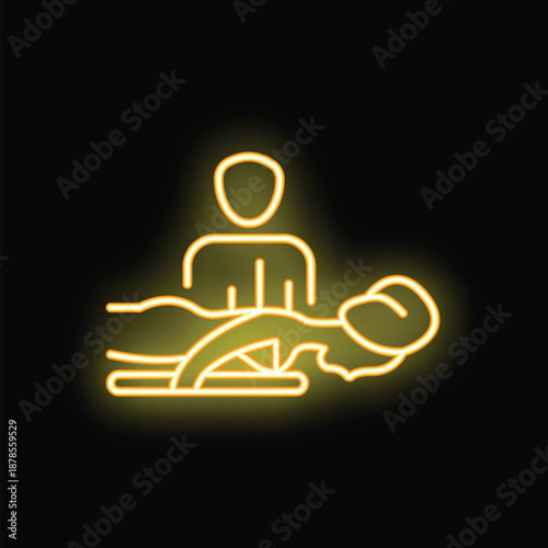 Neon sign illustrating a doctor examining a patient lying on a medical bed