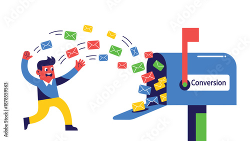 Email Marketing Conversion Success: Happy Man Sending Messages to Mailbox Illustration