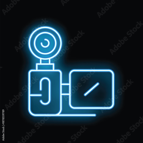 Bright blue neon sign depicting a video camera, glowing on a black background