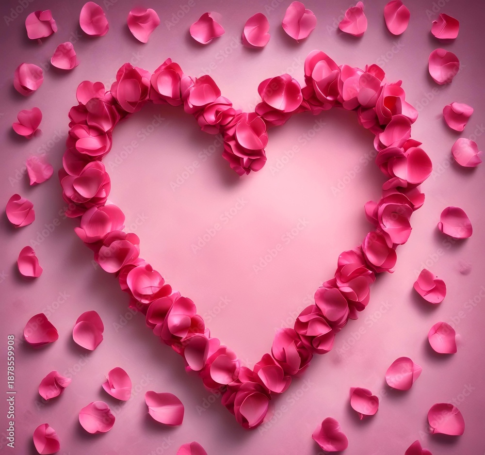 Obraz premium Love heart made from rose petals, soft lighting, romantic mood, clean background