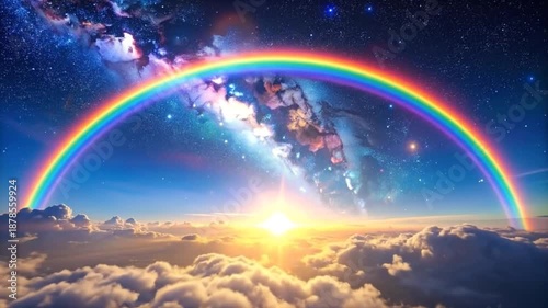 Stunning Rainbow Over the Clouds with a Beautiful Galaxy Background.