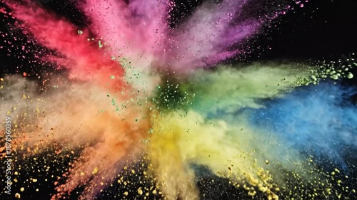 Colorful powder explosion on black background, vibrant artistic display.