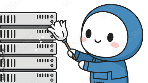 Adorable cartoon character dusting server racks for IT maintenance, data hygiene, and system optimization.