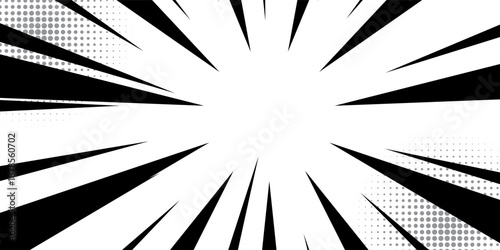 Comic book black and white radial lines background. Manga speed frame. Super hero action. Vector illustration.
